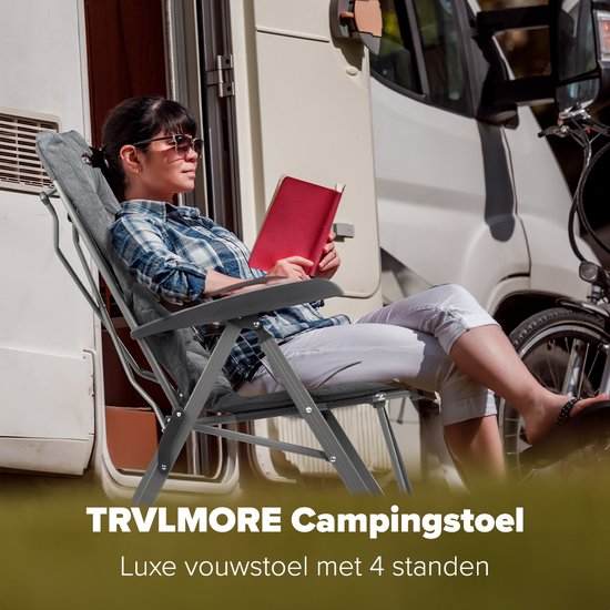 TRVLMORE Chaise de camping - Sac de transport inclus - Chaise pliante confortable - Capacité de charge de 150 kg - Chaise de camping - Rangement - Chaise pliante - Gris