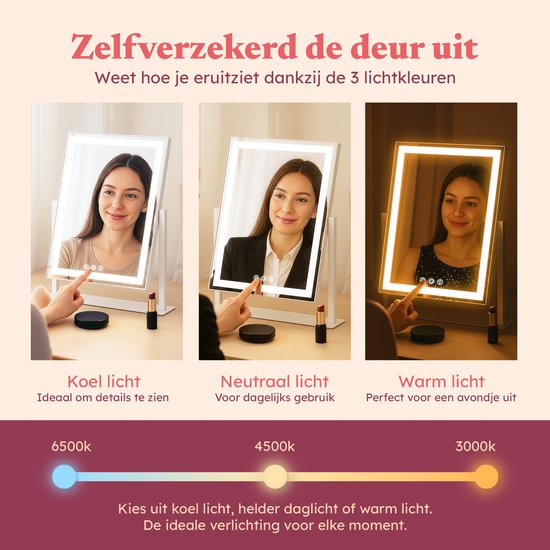 Fraay® Hollywood Mirror with Lighting 41x30cm - 3 Light Stages - Make-up Mirror with 10x Magnification Mirror - LED Strip Lighting Dimmable - Incl. Beauty Blenders and Powder puff