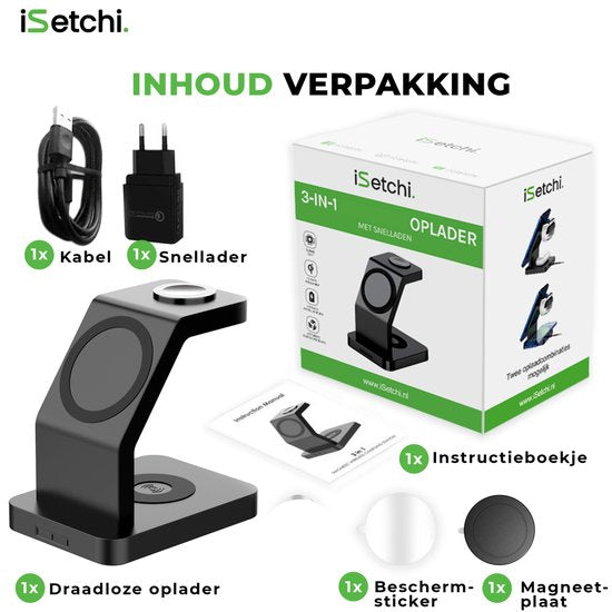 iSETCHI - Chargeur sans fil Qi et Magsafe 3-en-1 - 15 Watt - Plastique noir - Adaptateur QC 3.0 inclus - Pour iPhone, Apple Watch et Airpods - Lieu de travail organisé