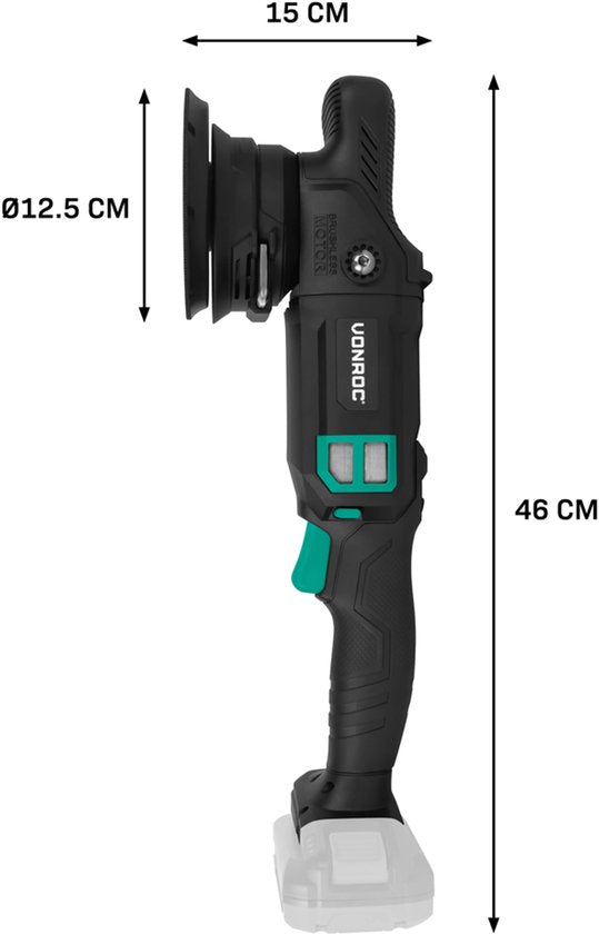 VONROC PRO Polisseuse excentrique 20V - Ø 125mm - Moteur sans balais - 7 vitesses (2000-5000/min) - Démarrage progressif - Comprend un patin d'appui - Comprend une batterie et un chargeur rapide.