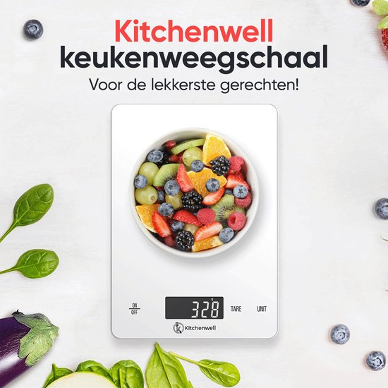 Kitchenwell Balance de cuisine numérique de précision - Balance de cuisine - 1gr - 15kg - Fonction tare - Rechargeable par USB - Blanc