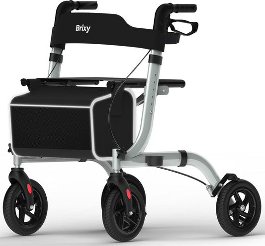 Rollator Brixy - Léger et pliable - Fonction siège - Dossier, sac et support de canne - Gris