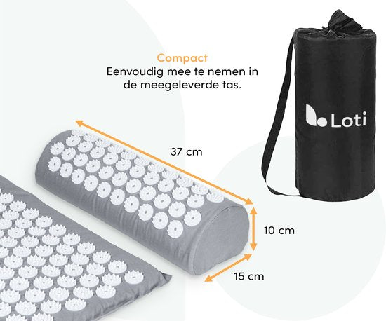 Loti Nail Mat avec Nail Pillow - Gris/Blanc - Tapis d'acupression - Lit d'acupuncture - Coussin d'acupuncture - Massage Shakti - Sac de transport inclus