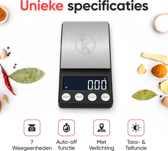Kitchenwell digital mini precision kitchen scale - 0.01 à 500 grammes - 14.2 x 7.5 cm - balance de poche à piles - balance de cuisine