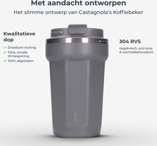 Castagnola Thermos Cup - Coffee Mug To Go - Travel Mug for Coffee and Tea - Tea Mug - 380 ML - Stainless Steel - Grey - Octagon