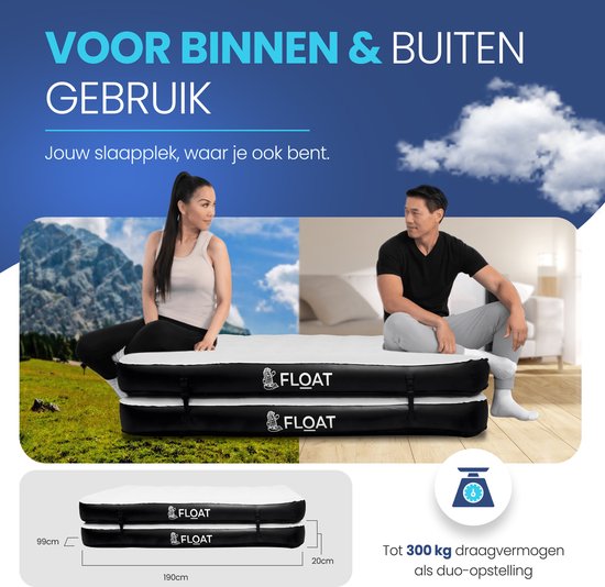 FLOAT Gemina - Lit gonflable 3en1 avec pompe électrique - 190x99x20 cm - Matelas gonflable ferme - Léger pour le camping - Deux matelas gonflables pour 1 personne