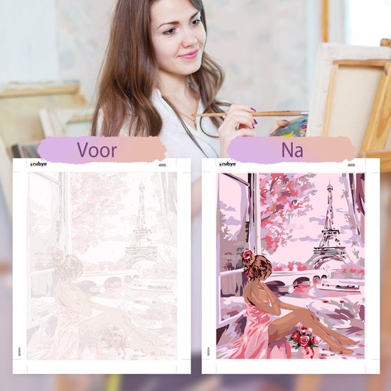 Rubye® Painting By Number Adults - Pink Paris - Peinture et pinceaux inclus - Toile à peindre - Colour by Number - 40x50cm