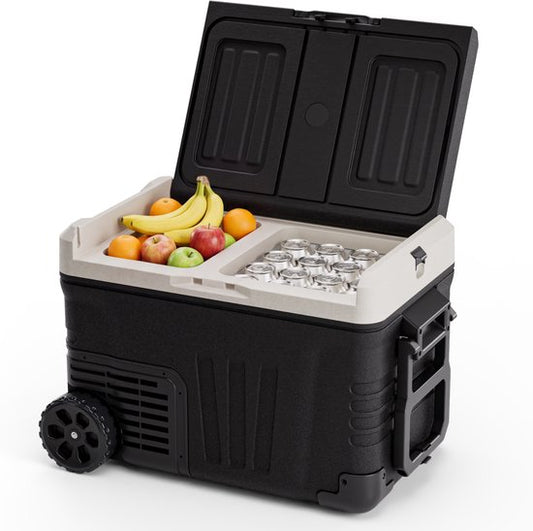 Auronic Electric Cool Box - Compresseur - 2 Zones - 33L - 12/24V et 240V - Réfrigération et congélation - Réfrigérateur de camping - Frigobox Auto - Avec roues et poignée - Noir