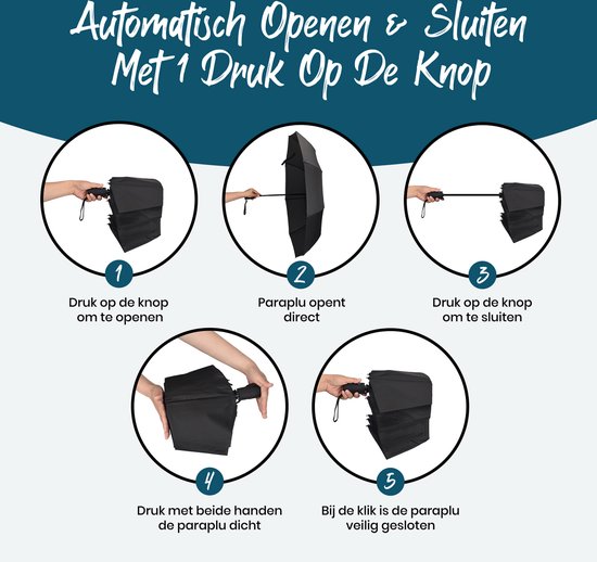 Parapluie pliable - Résiste à la tempête jusqu'à 140km/h - Pliage automatique - Housse de protection et pochette de voyage incluses - Noir - Sunflake