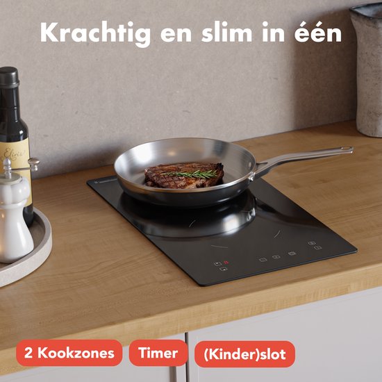 KitchenBrothers Table de cuisson à induction - Table de cuisson à induction encastrable - 30 cm - 2 zones - 1 phase - jusqu'à 3300W - noir