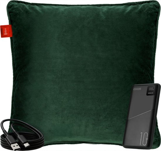 Coozie Rechargeable Heat Pillow - sans fil et filaire - 45-65°C - Velours - 45 x 45 cm - Vert foncé - Oreiller électrique - Powerbank incluse - Jusqu'à 8 heures de chaleur