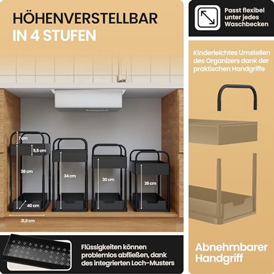 HELDENWERK Etagère d'évier pour meuble bas d'évier, réglable en hauteur sur 2 niveaux en noir, rangement de cuisine, meuble bas, étagère à épices, rangement de meuble bas d'évier