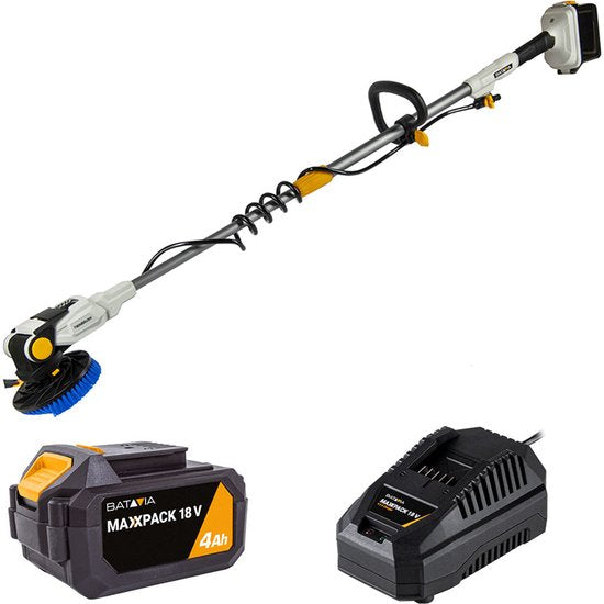 Batavia Accu 18V Twin Brush brosse de nettoyage télescopique - Excl. batterie et chargeur - Brosse de nettoyage avec manche télescopique - Tête de brosse ergonomique, étanche et réglable pour un nettoyage sans effort des toits, panneaux solaires et piscin