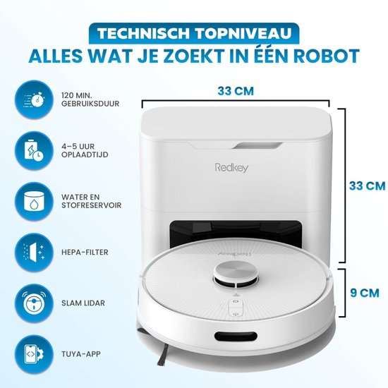 Redkey R10 Robot aspirateur avec fonction de nettoyage - Robot aspirateur avec station de charge - Robot aspirateur se vide automatiquement - Robot aspirateur - Robot nettoyeur - Robot nettoyeur - Blanc