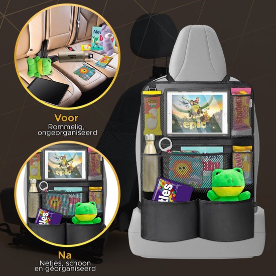 Toivo Set of 2 Luxury Car Seat Organiser - Water-repellent Oxford Material - Black - Tablet Holder - Car Organizer