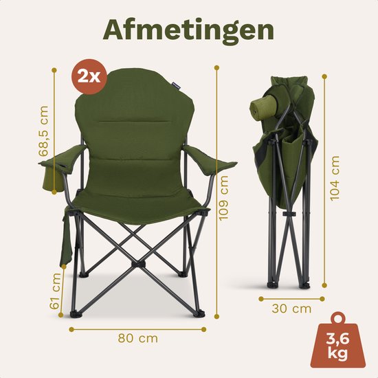 TRVLMORE Chaises de camping XXL - pliables - 2-Pack - Capacité de charge 160KG - Sac de transport inclus - Chaise pliante - Chaise de pêche - Chaise de camping - Chaise pliante - Vert
