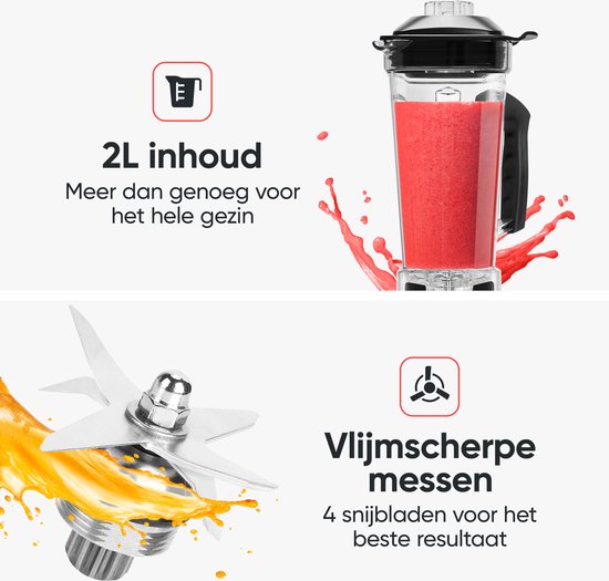 Kitchenwell Power Blender - 2000W - 2L - Smoothie Maker - Ice Crusher - 9 Stands - inox/noir