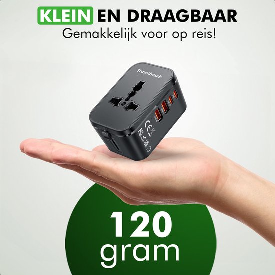 Travelhawk World plug avec 2x USB-C et 2x Port USB - Prise de voyage - Connecteur USB - Prise de voyage internationale pour plus de 150 pays - Amérique (USA) - Angleterre (UK) - Australie - Asie - Amérique du Sud - Afrique - Prises mondiales - Noir