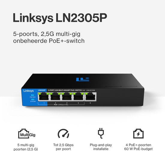 Linksys LN2305P - Commutateur réseau - PoE+ non géré - 2500 Mbps - 5 ports