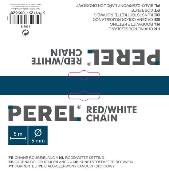 Perel Chaîne de barrières, pour délimiter les zones dangereuses et restreindre l'accès, utilisation intérieure et extérieure, plastique, rouge/blanc, 5 m, 6 mm