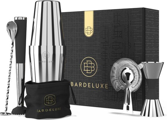 BarDeluxe® Cocktail Shaker Set - 5-Piece Boston Shaker - Cocktail Set with Stamper, Sieve, Bar Spoon & Recipe Book - Includes Luxury Gift Box - Silver
