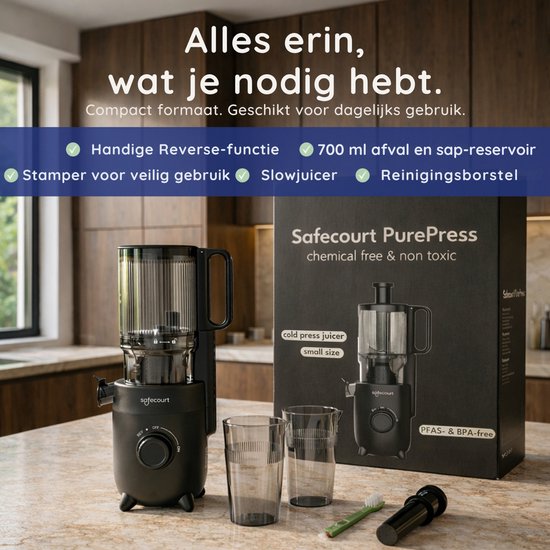 Safecourt Kitchen Slow Juicer - moteur puissant [technologie de pré-coupe et de pression à froid] - nettoyage facile - sans BPA - presse-agrumes Noir