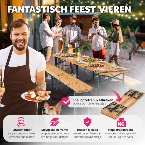 tectake® Ensemble de tentes à bière avec table et 2x bancs à bière, avec porte-parasol - ensemble de tentes à bière, meubles de balcon avec 1x table pliante et 2x bancs à bière, pliant, 170 x 46 x 78 cm, laqué