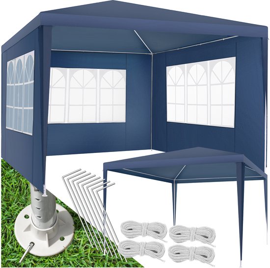 tectake® Pavillon - avec armature renforcée - Tente de réception 3x3 m - Bâche imperméable - Panneaux latéraux amovibles - Pavillon de jardin résistant aux intempéries - Lignes de tension et piquets inclus - Bleu - Tente pliante pop-up