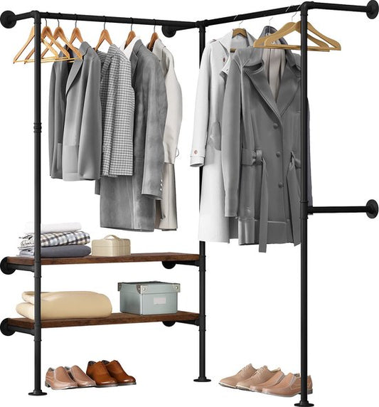 Rootz Armoire d'angle - Penderie - Rangement - Portemanteau - Système de rangement - Buffet - Portemanteau - Noir + grain de bois vintage - 130.5x187x130.5cm