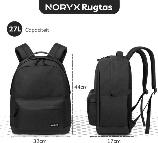 Noryx Origin Backpack 27L - 15.6 inch - Sac à dos pour ordinateur portable - Sac d'école - Homme et femme - Splashproof - Noir