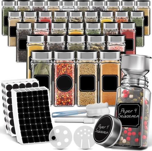 Soothe 36 pots à épices carrés en verre avec couvercle en acier inoxydable - 2 types de couvercles à saupoudrer - Spice Spreader - pots à épices - Set complet avec stickers à épices, stick à craie et accessoires - 120ml