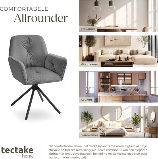 tectake® Chaise pivotante Lenia - Lot de 2 chaises pivotantes avec accoudoir - Chaise de salle à manger pivotante - Fauteuils pivotants - Tapissés - aspect velours Anthracite/Noir