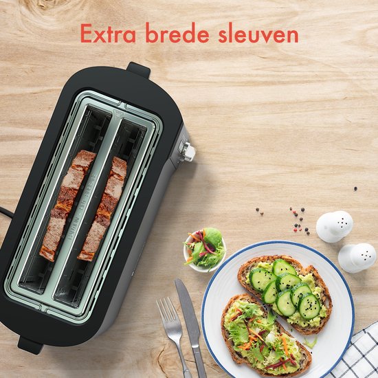 KitchenBrothers Toaster - Grille-pain - 6 niveaux de chaleur - 2 fentes extra-longues - 1520W - Noir