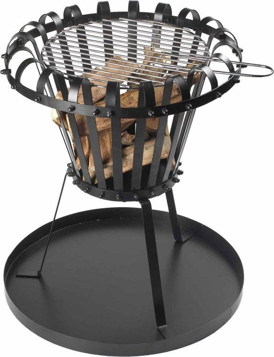 Panier à feu Perel, avec grille chromée, plaque de fond, rond, 53,5 x Ø 50 cm, métal revêtu, noir