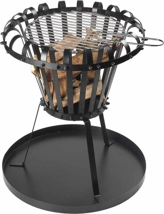 Panier à feu Perel, avec grille chromée, plaque de fond, rond, 53,5 x Ø 50 cm, métal revêtu, noir