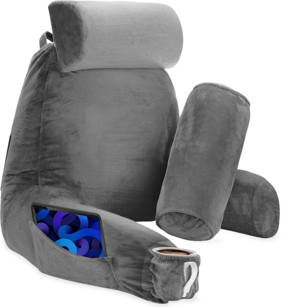 Coussin de lecture pour le lit - Bonne posture au lit - Avec 3 compartiments de rangement - Coussin dorsal pour le bas du dos - Siège de lecture pour le canapé - Gris - Soft & Silky
