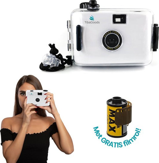 TibaGoods appareil photo jetable - avec rouleau - étanche - appareil photo analogique - appareil photo pour enfants - blanc