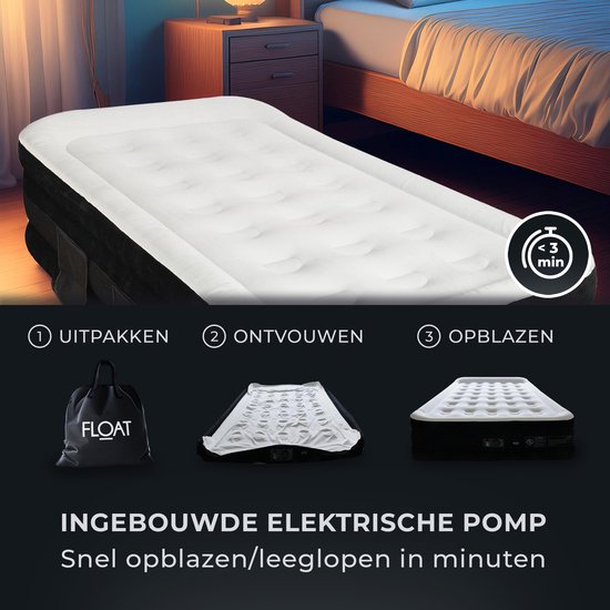 FLOAT VersaVento - Lit gonflable 1 personne avec pompe électrique intégrée - Gonflage rapide en 3 minutes - 2 sacs de rangement en velcro, sac de transport et kit de réparation inclus - 194 x 99 x 45 cm - Matelas gonflable autogonflant pour une personne -