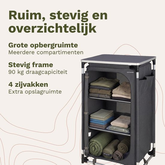TRVLMORE Camping Cabinet XL - Cuisine de camping - Capacité de charge 90KG - Structure en aluminium - Pliable - Sac de transport inclus - 50x60x97CM - Gris
