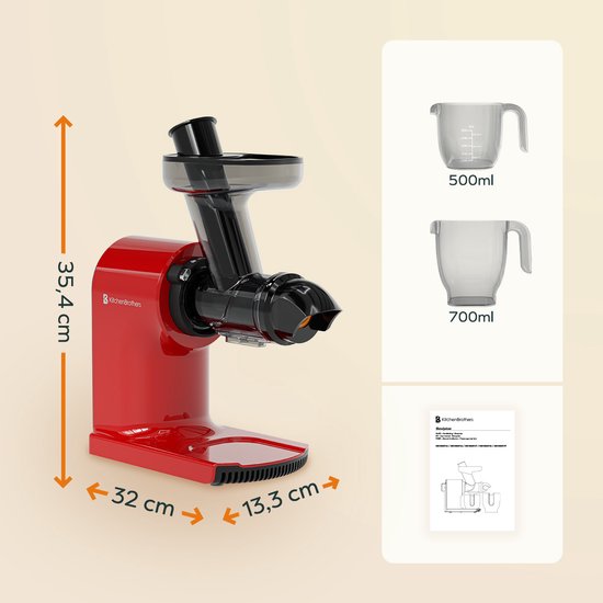 KitchenBrothers Slowjuicer - Compact - Presse-agrumes - Presse-légumes et fruits - 45 mm - 500 ml - Rouge