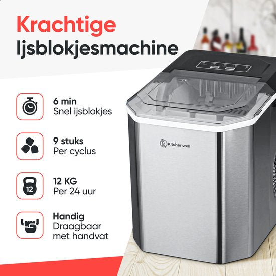 Kitchenwell Machine à glaçons - 1.3L - Machine à glaçons - Cuillère à glaçons - 12kg/24 heures - Portable - Fonction auto-nettoyante - acier inoxydable