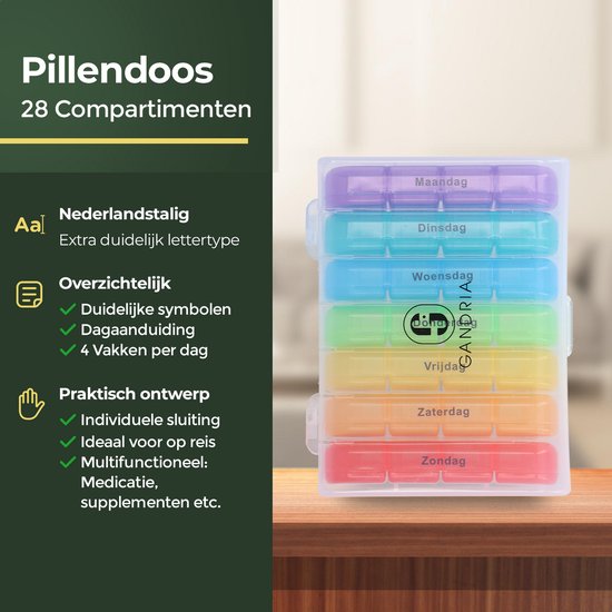 Pilulier Gandria 7 jours - Pilulier amovible - Boîte à médicaments avec 28 compartiments - Boîte à médicaments avec fermeture solide - 4 compartiments par jour - 7 couleurs
