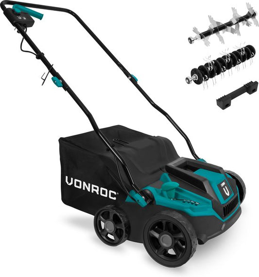 VONROC Scarificateur électrique - aérateur de gazon - 1300W - largeur de coupe 320 mm - 4 réglages de profondeur (12/9/6/3 mm) - bac de ramassage 35L inclus