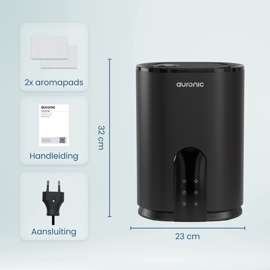 Humidificateur Auronic - 4 litres - 40m2 - Convient au salon, au bureau, à la chambre à coucher, à la chambre de bébé et plus encore - Avec aromathérapie - Sans BPA - Noir