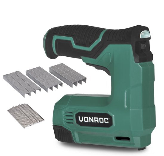 VONROC Accu tacker 4V - Set complet comprenant 900 agrafes et 300 clous