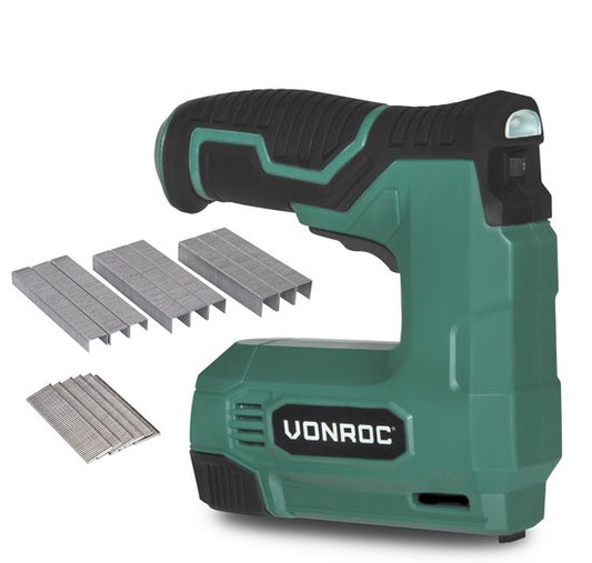 VONROC Accu tacker 4V - Set complet comprenant 900 agrafes et 300 clous