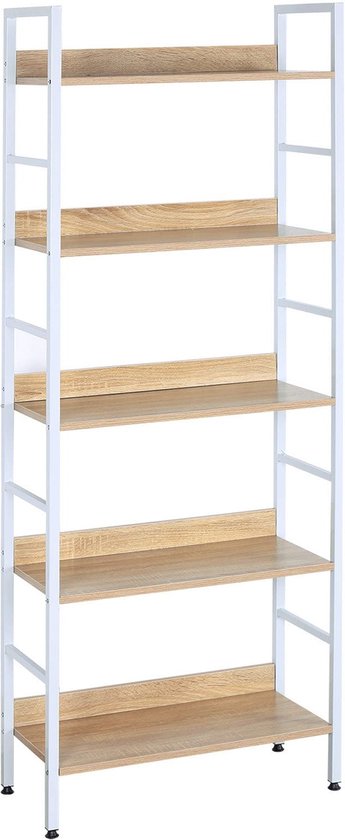 Rootz Standregal Hochregal - Rayonnage - Bibliothèque - Etagère de rangement - Présentoir - Organisateur - Etagère à étages - Blanc + chêne clair - 60x27.5x160 cm