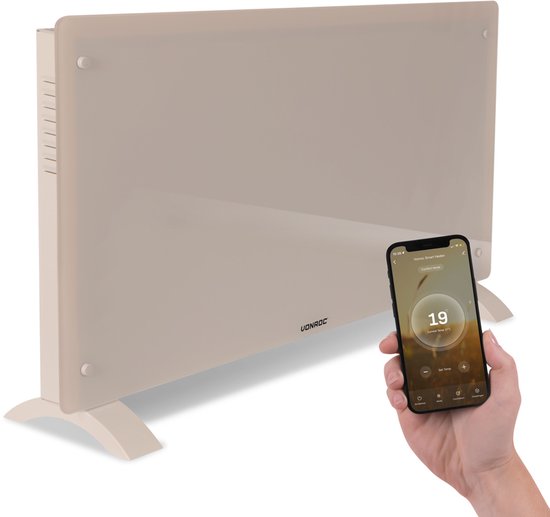 VONROC Chauffage électrique de luxe - Convecteur avec panneau en verre - 1250W/2500W- Chauffe les pièces jusqu'à 30m2 - Contrôlé par l'application (via Wifi) et manuellement - Thermostat et minuterie réglables - Beige