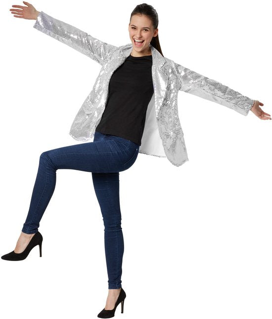 Dressforfun Manteau à paillettes dames argent XL - déguisement costume halloween déguisement fête carnaval robe de soirée - 303854