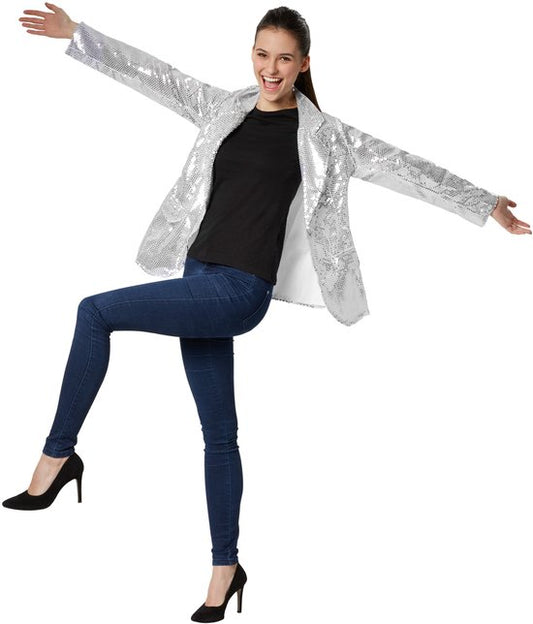 Dressforfun Manteau à paillettes dames argent XL - déguisement costume halloween déguisement fête carnaval robe de soirée - 303854